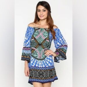 Flying Tomato Swell Blue Print Off The Shoulder Long Sleeve Dress Size Small